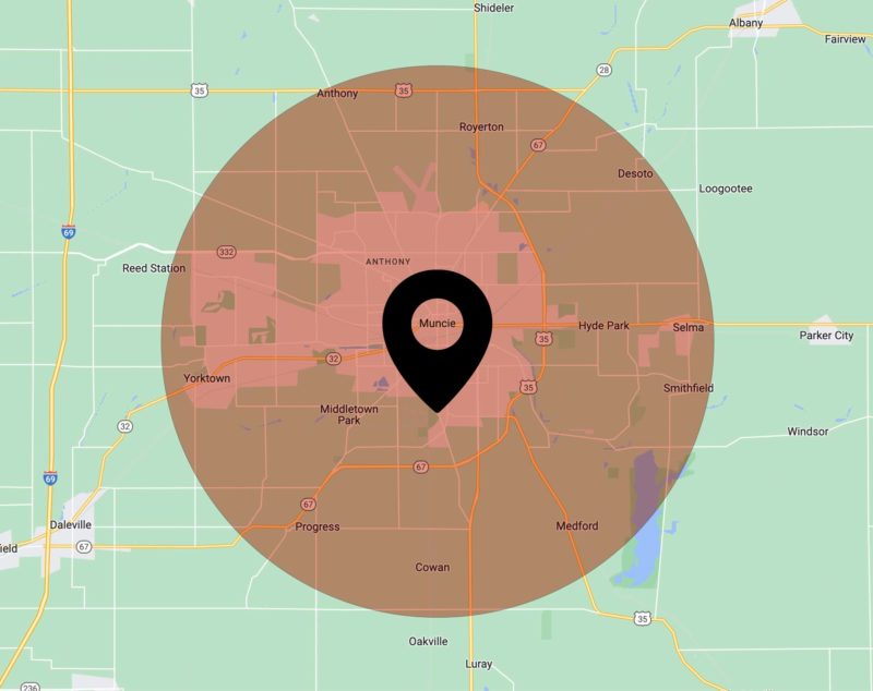 Muncie area map radius