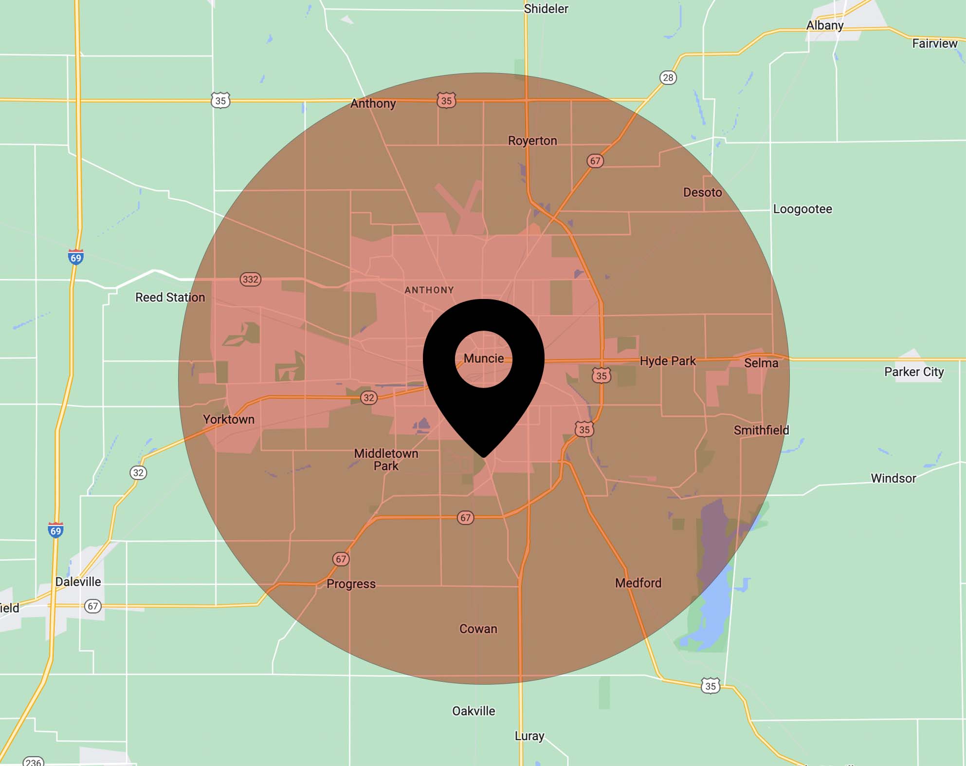 Muncie area map radius